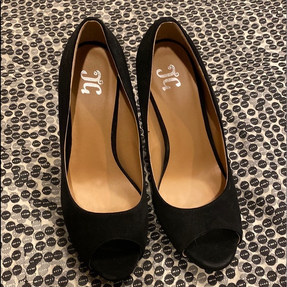 EUC - Journee Collection Louis Black Faux Suede Peep Toe Heels - Picture 2 of 5